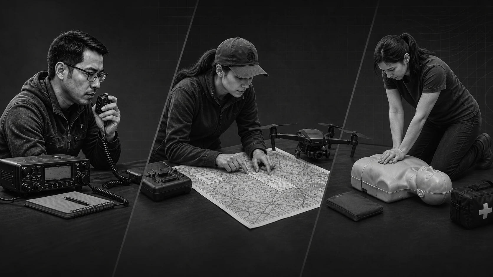 People learning ham radio, drone flight planning, and first aid